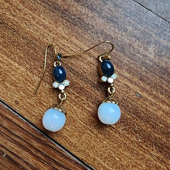 1928 Blue/Gold Beaded Drop Dangle Earrings - Picture 2 of 16